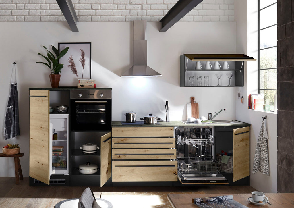 Moderne Küchenzeile BERLIN 320 cm – Holzoptik & Anthrazit | Sofort ab Lager