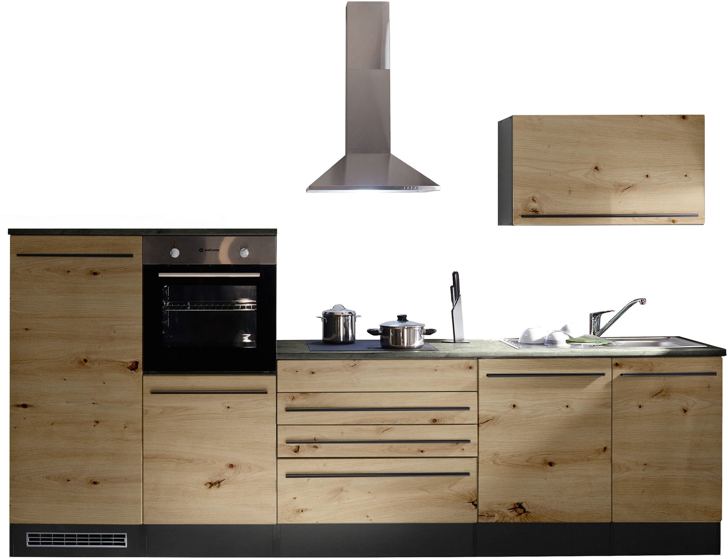 Moderne Küchenzeile BERLIN 320 cm – Holzoptik & Anthrazit | Sofort ab Lager