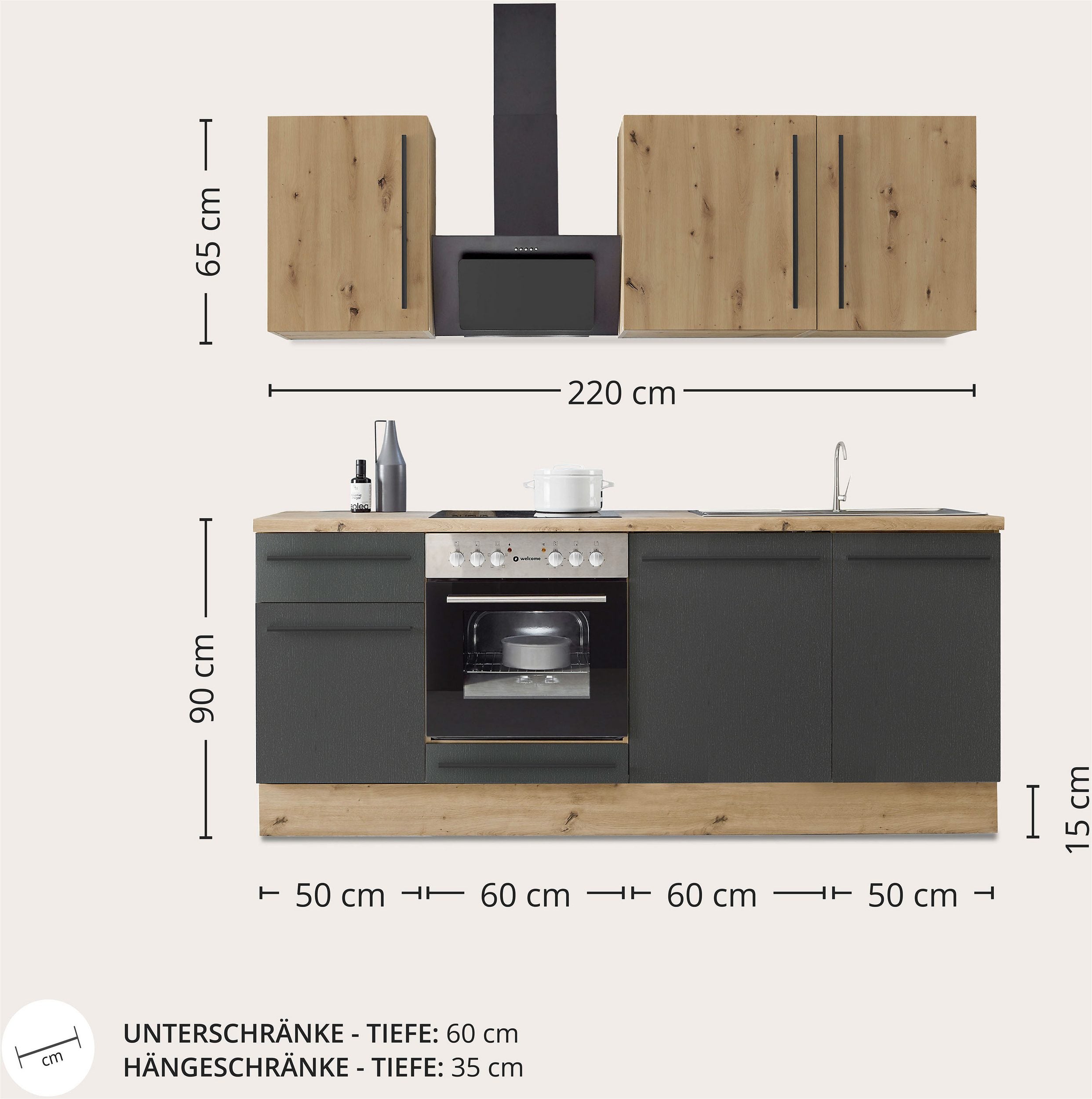 Moderne Küchenzeile FRANKFURT 220 cm – Holzoptik & Anthrazit – Sofort ab Lager lieferbar
