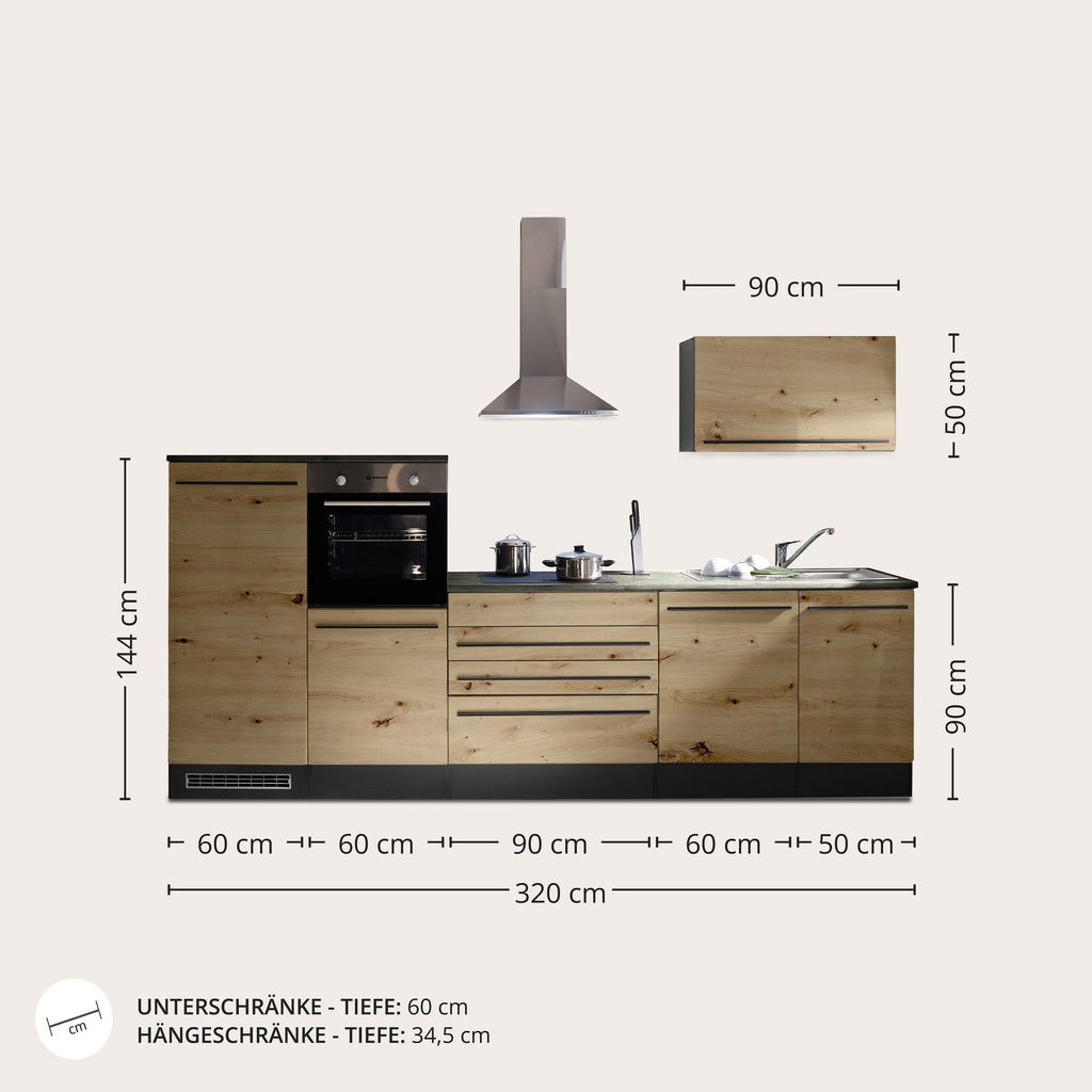 Moderne Küchenzeile BERLIN 320 cm – Holzoptik & Anthrazit | Sofort ab Lager