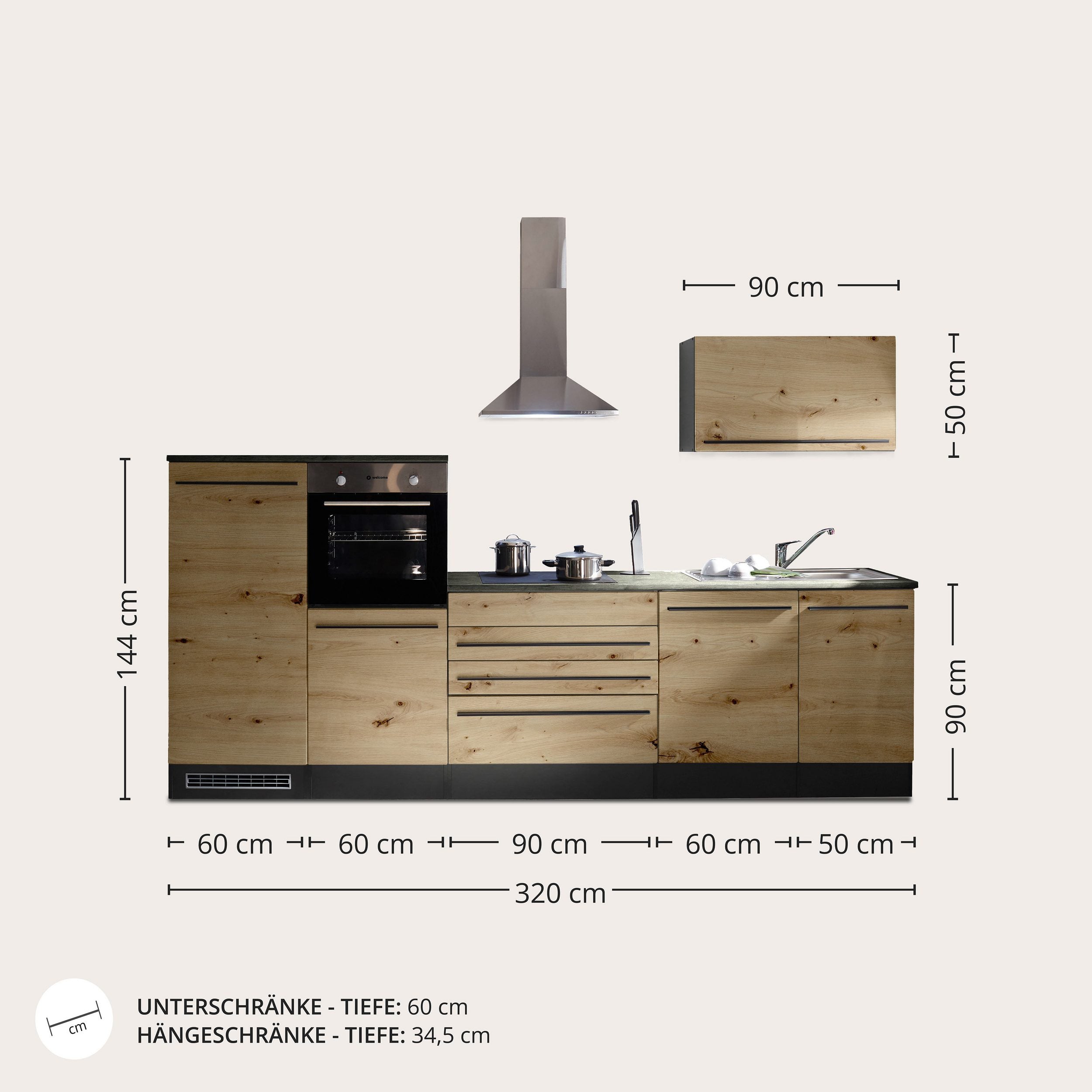 Moderne Küchenzeile BERLIN 320 cm – Holzoptik & Anthrazit | Sofort ab Lager