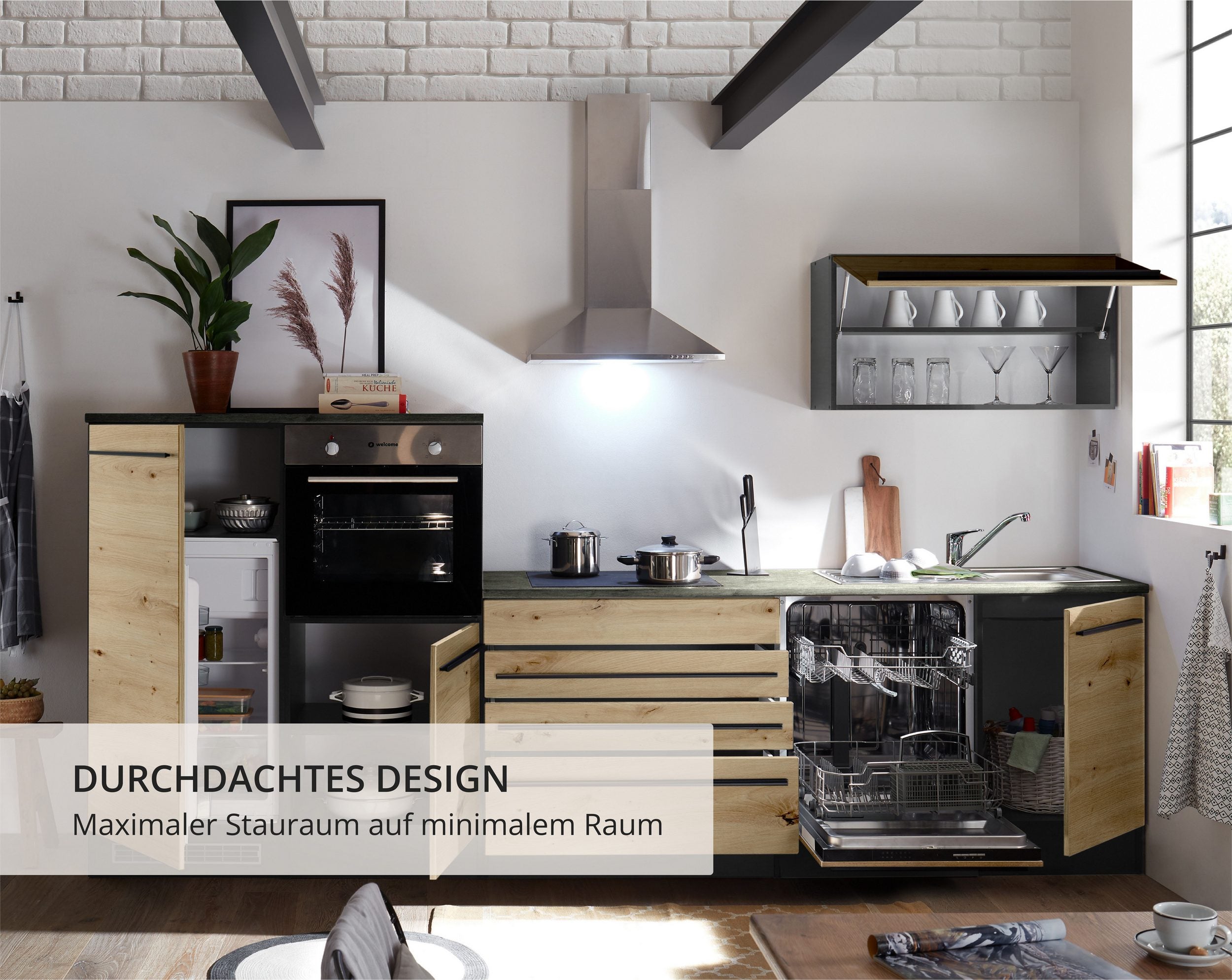 Moderne Küchenzeile BERLIN 320 cm – Holzoptik & Anthrazit | Sofort ab Lager