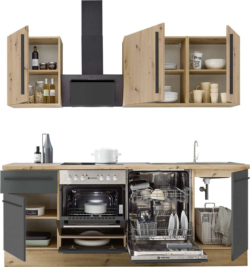Moderne Küchenzeile FRANKFURT 220 cm – Holzoptik & Anthrazit – Sofort ab Lager lieferbar