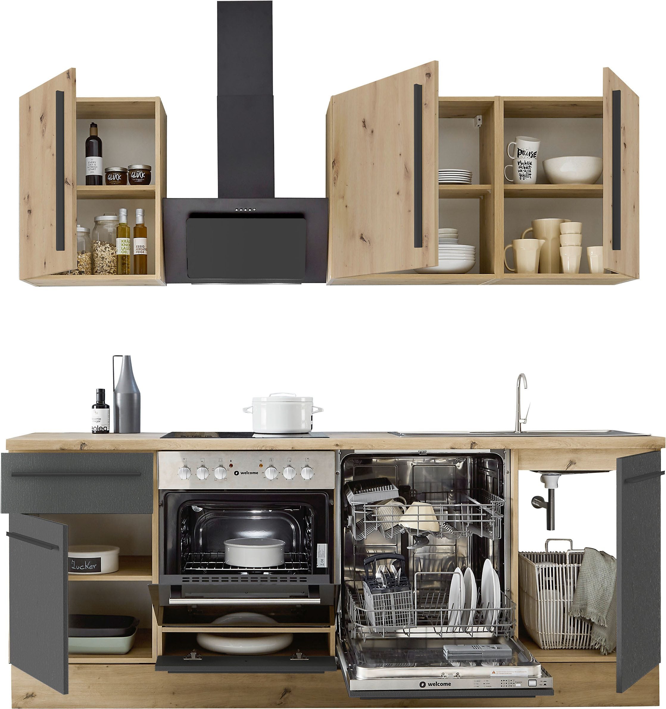 Moderne Küchenzeile FRANKFURT 220 cm – Holzoptik & Anthrazit – Sofort ab Lager lieferbar
