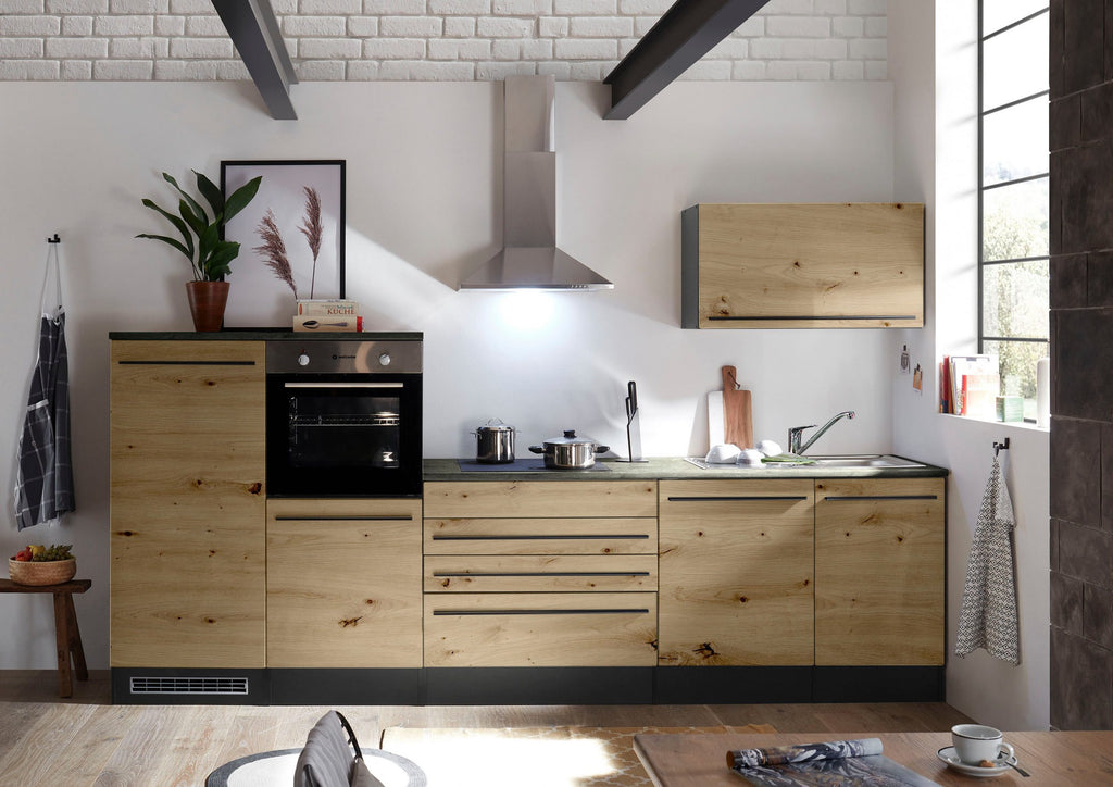 Moderne Küchenzeile BERLIN 320 cm – Holzoptik & Anthrazit | Sofort ab Lager