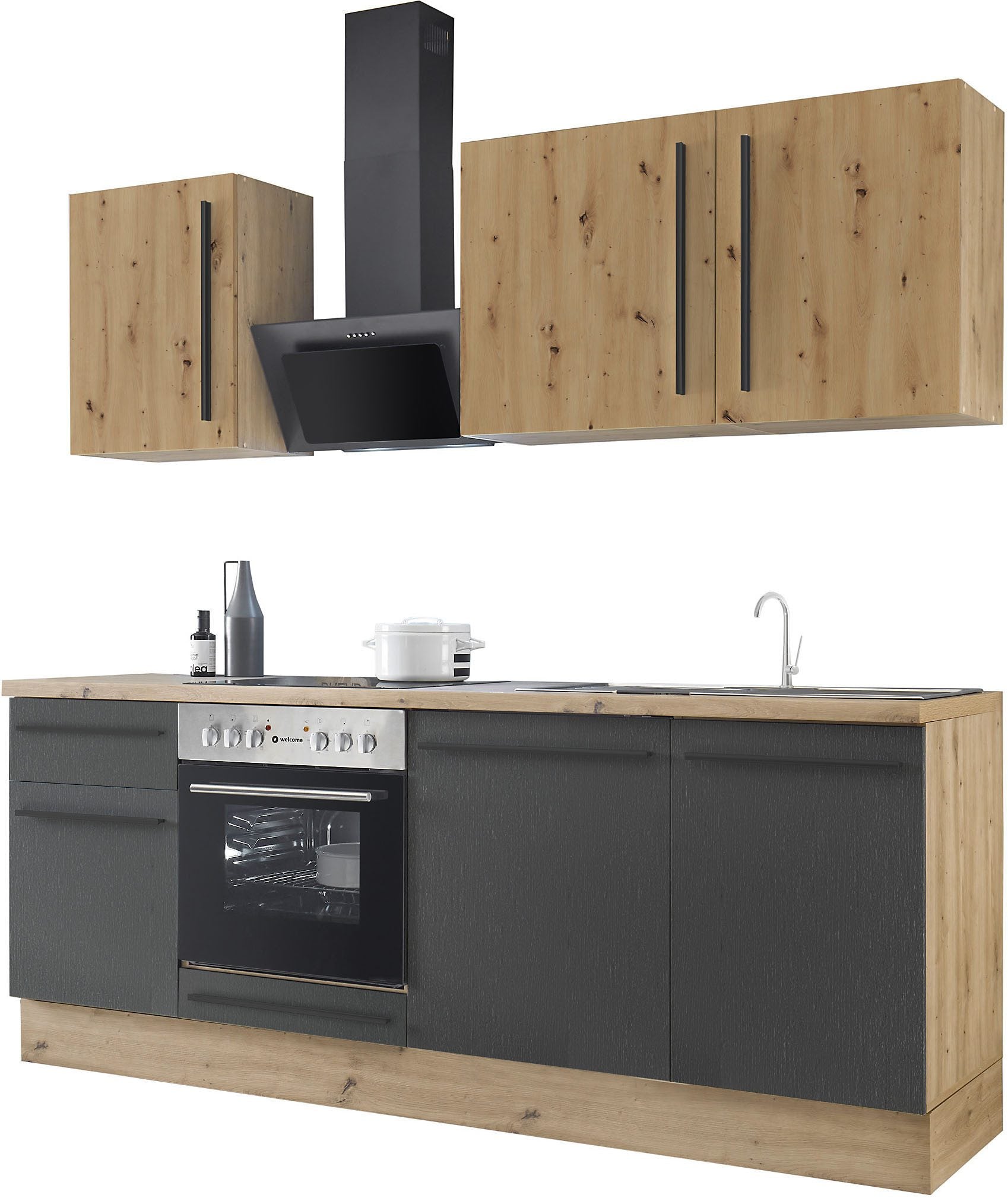 Moderne Küchenzeile FRANKFURT 220 cm – Holzoptik & Anthrazit – Sofort ab Lager lieferbar