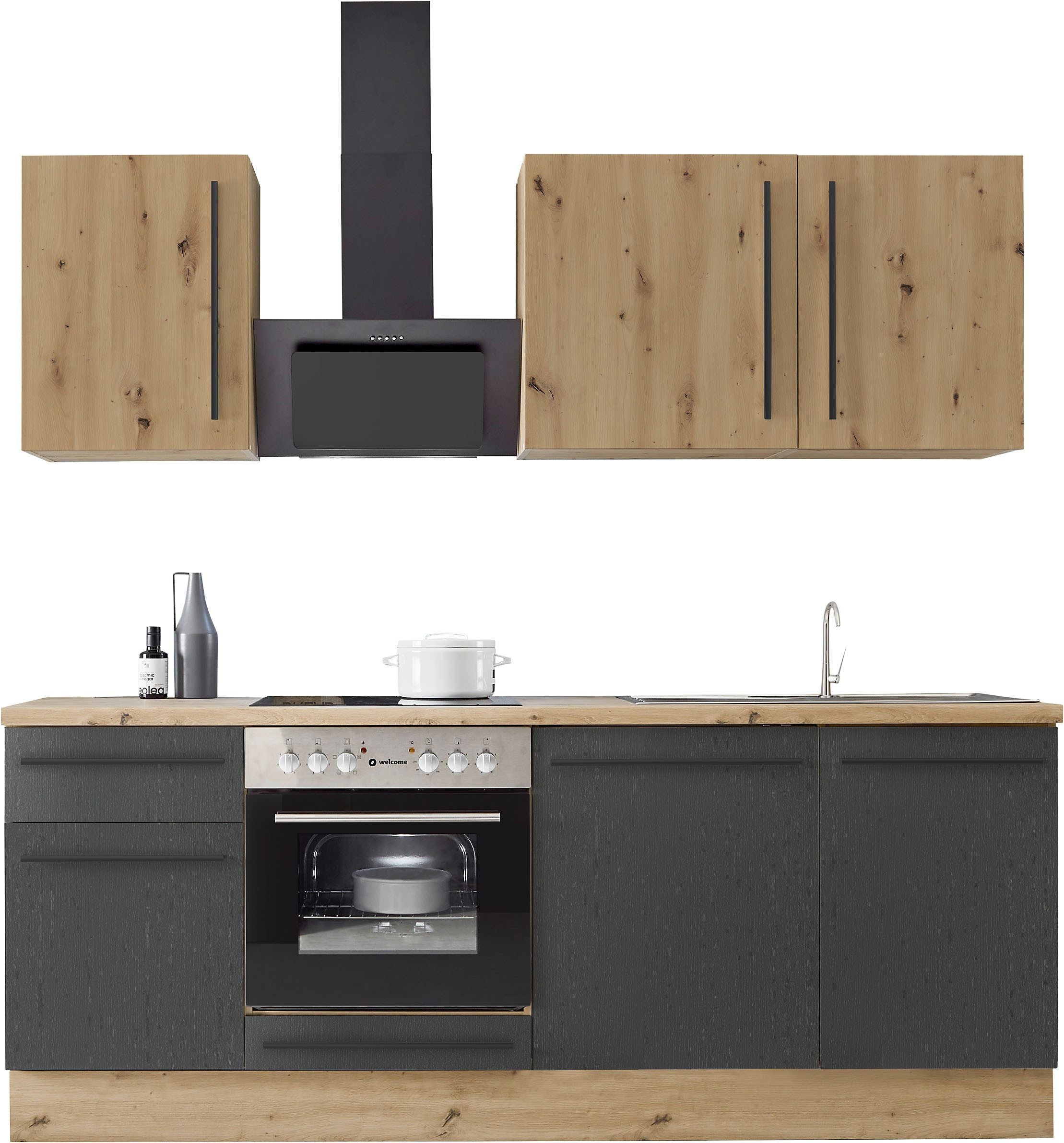 Moderne Küchenzeile FRANKFURT 220 cm – Holzoptik & Anthrazit – Sofort ab Lager lieferbar