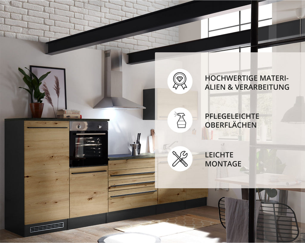 Moderne Küchenzeile BERLIN 320 cm – Holzoptik & Anthrazit | Sofort ab Lager