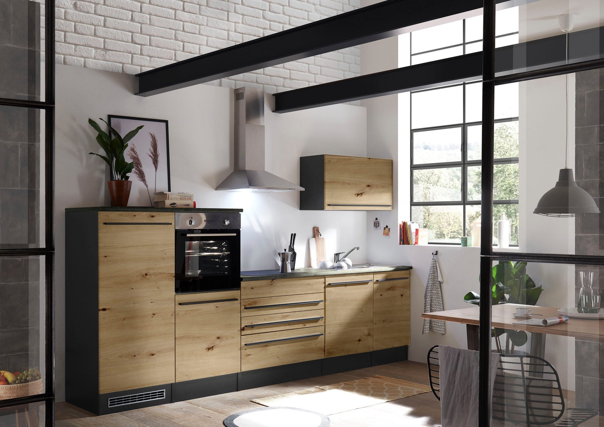 Moderne Küchenzeile BERLIN 320 cm – Holzoptik & Anthrazit | Sofort ab Lager