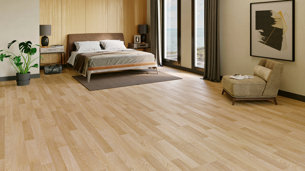 Weißer Eiche Laminatboden Set mit Fußleiste und Dämmung ab 11,99 Euro / m²