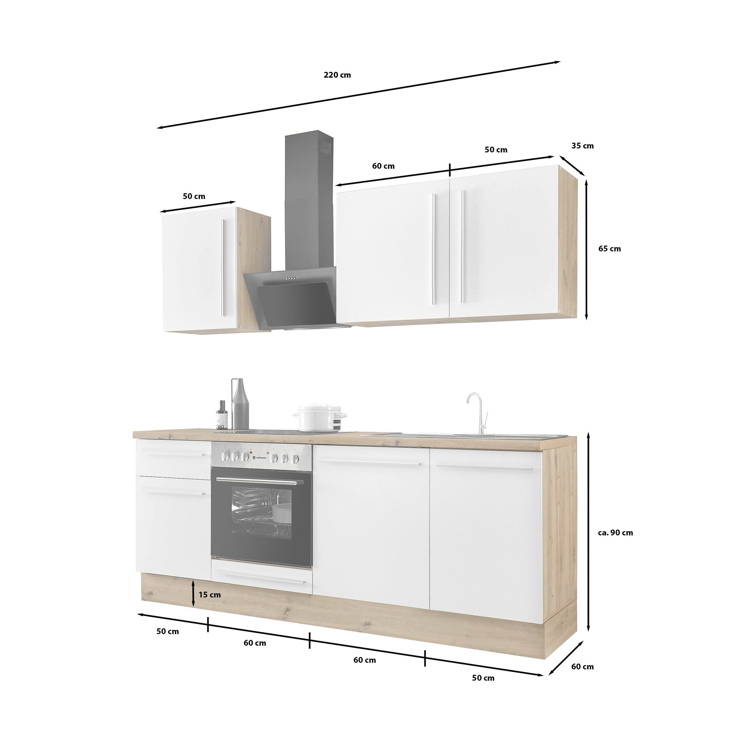Moderne Küchenzeile FRANKFURT 220 cm – Holzoptik & Anthrazit – Sofort ab Lager lieferbar