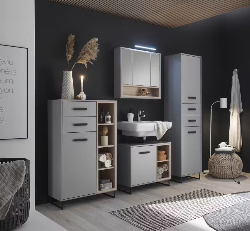 Modernes Badmöbel Set FLORENZ Grau Holzoptik mit Waschbecken