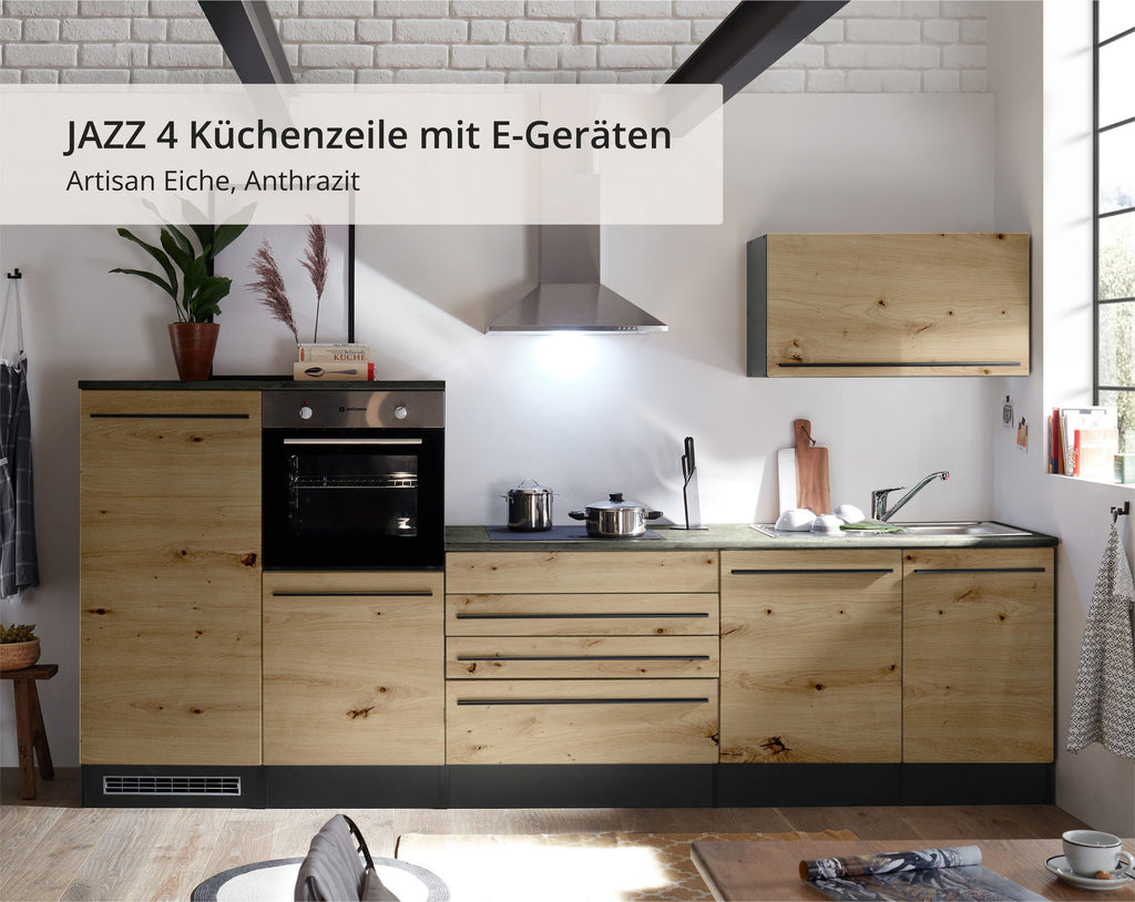 Moderne Küchenzeile BERLIN 320 cm – Holzoptik & Anthrazit | Sofort ab Lager