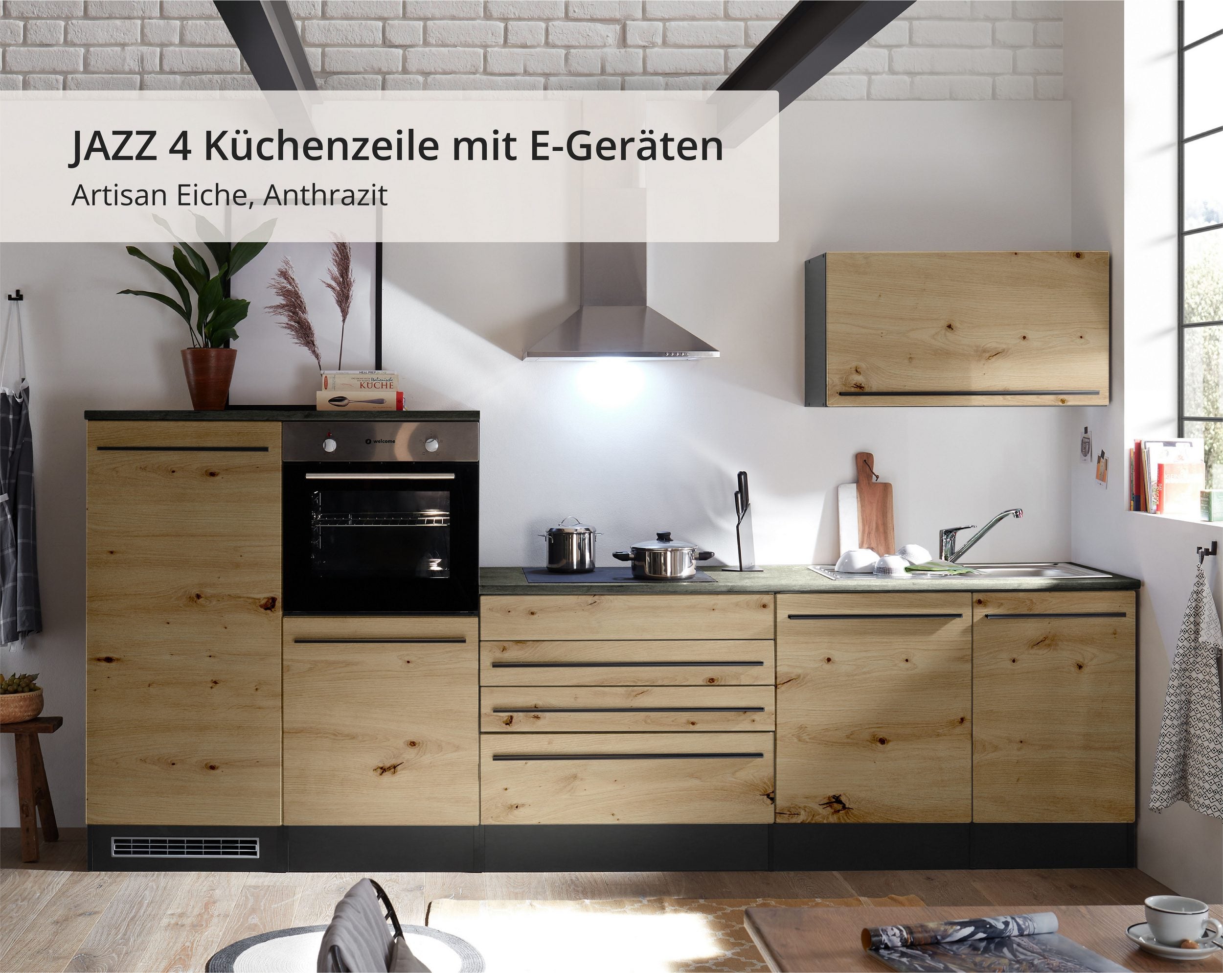 Moderne Küchenzeile BERLIN 320 cm – Holzoptik & Anthrazit | Sofort ab Lager