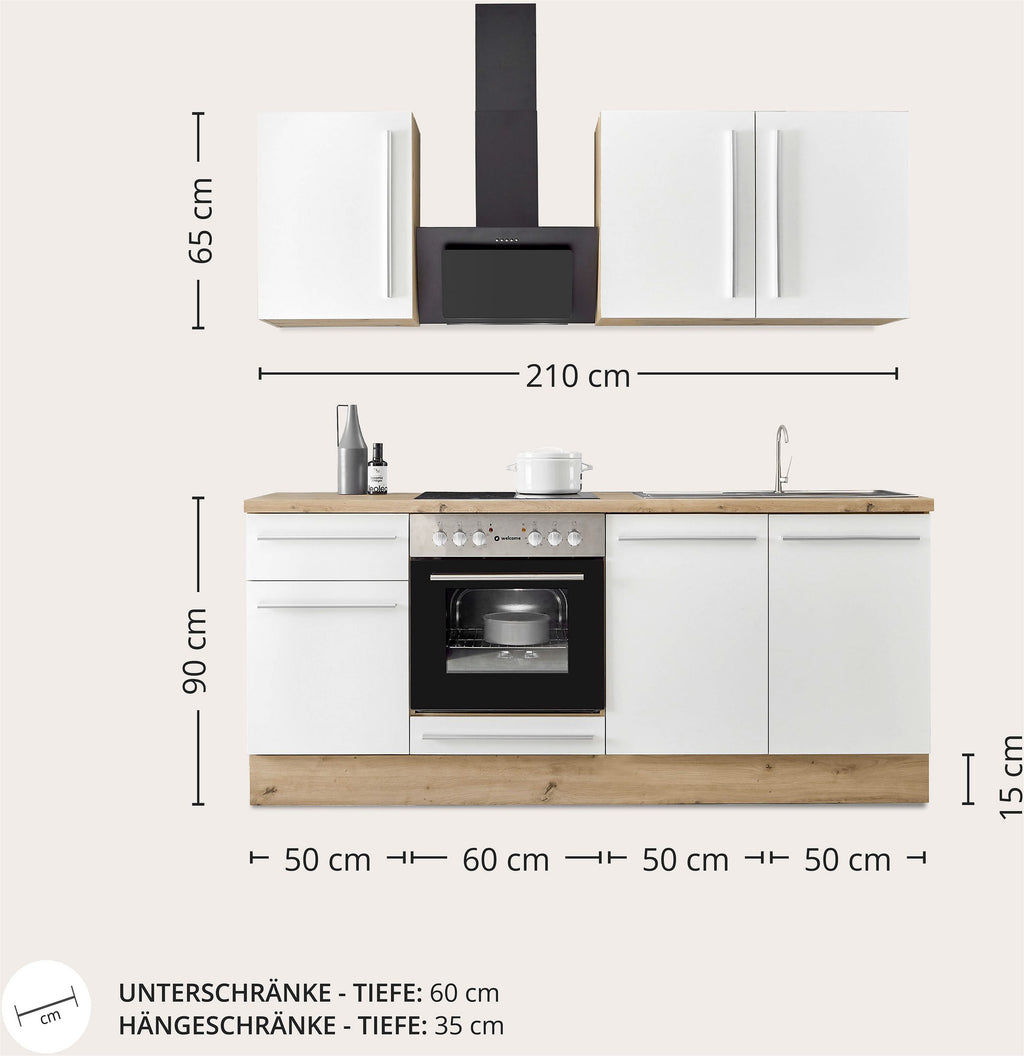 Moderne Küchenzeile FRANKFURT - WEIß – 210 cm  Sofort ab Lager lieferbar