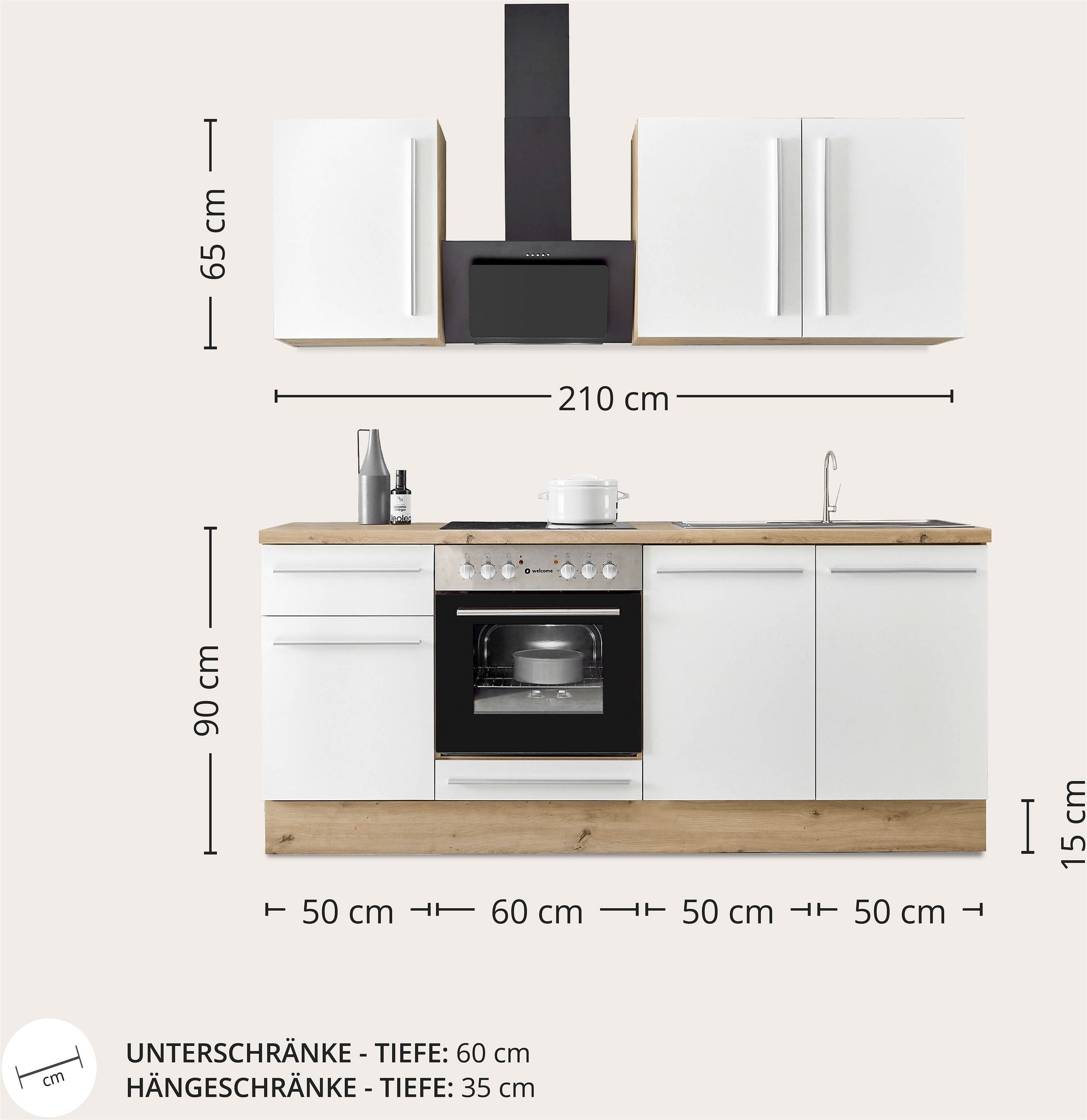 Moderne Küchenzeile FRANKFURT - WEIß – 210 cm  Sofort ab Lager lieferbar