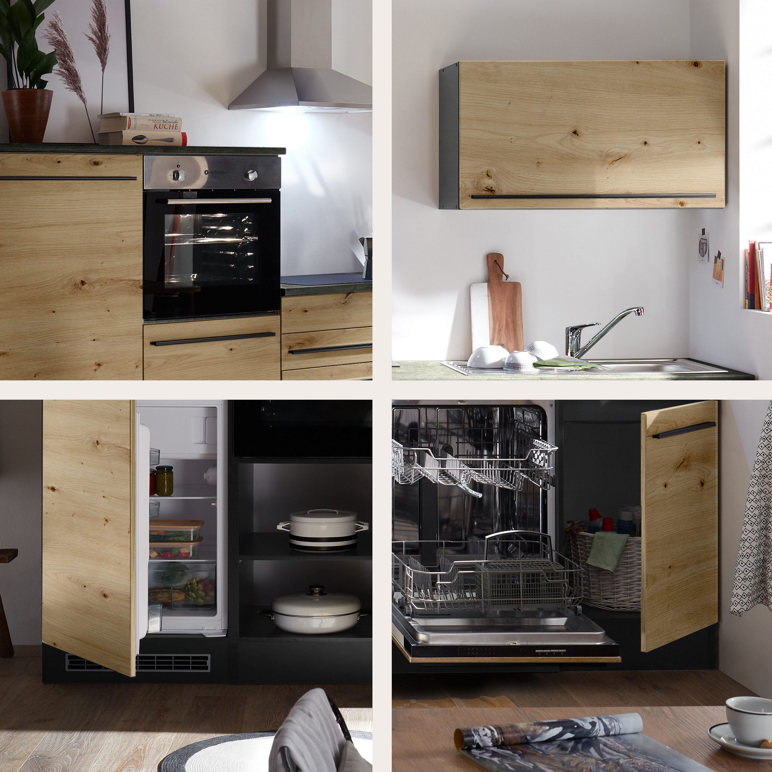 Moderne Küchenzeile BERLIN 320 cm – Holzoptik & Anthrazit | Sofort ab Lager